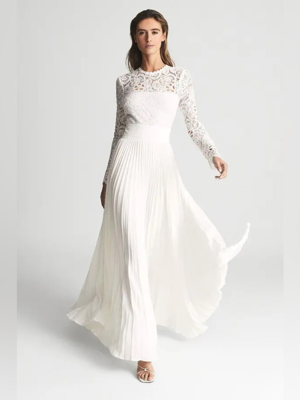 REISS Hazel White Lace Top Pleated Maxi Dress